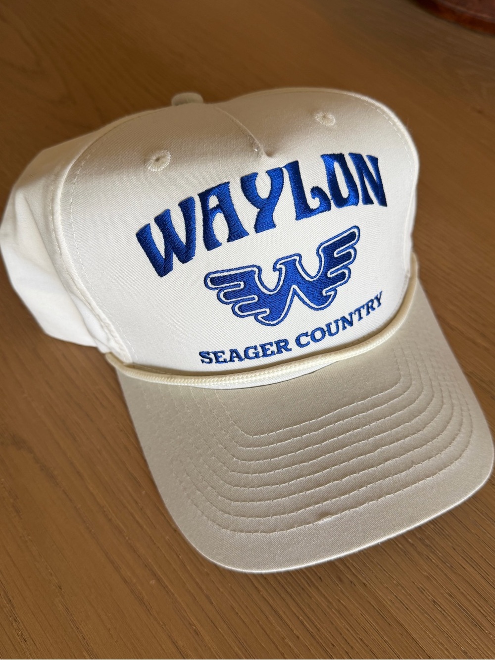 WAYLON Jennings Seager Country Embroidered Trucker Hat - White/Cream with Blue